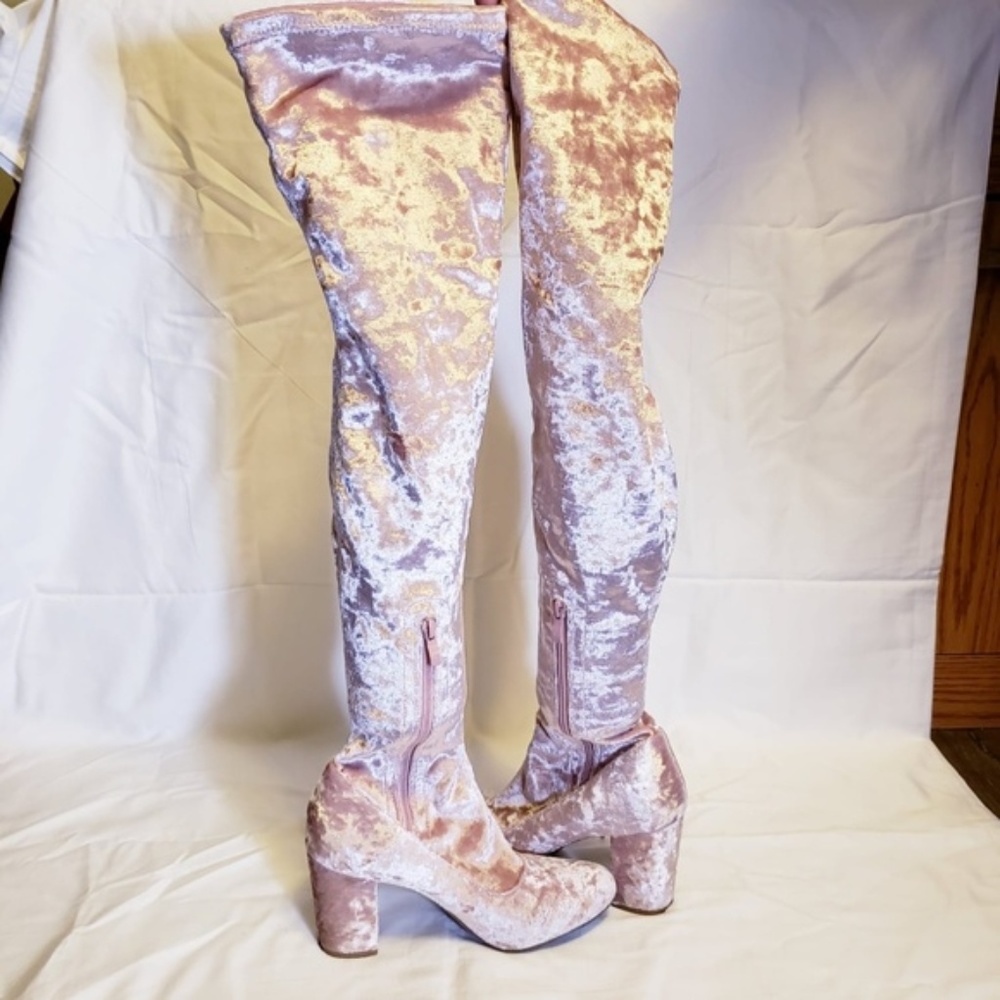 PINK THIGH HIGH OVER THE KNEE CRUSHED VELVET BOOTS